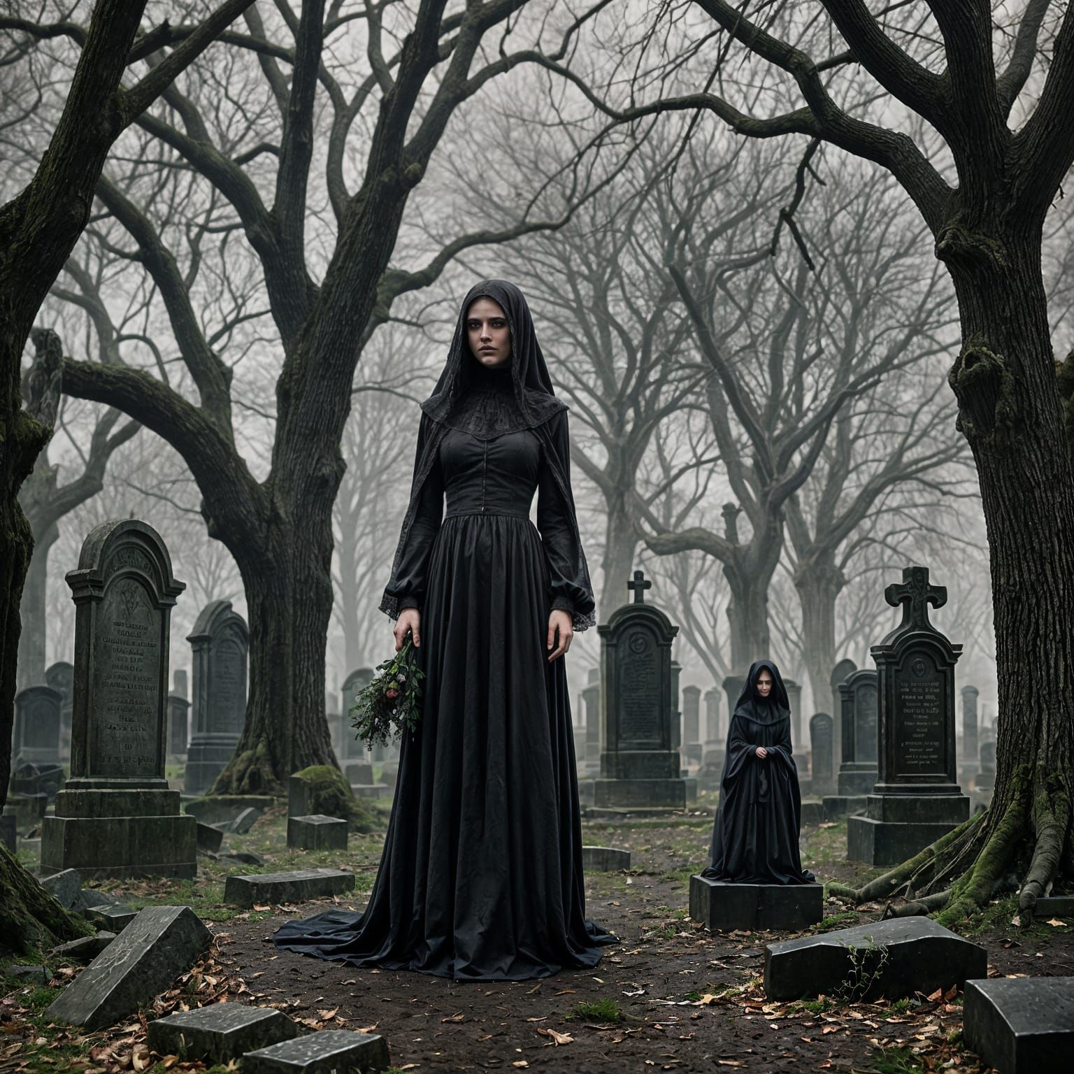 A woman in a long black dress with a veiled face in An eerie dark foggy graveyard with Gothic macabre tombstones and twisted dead trees, in...