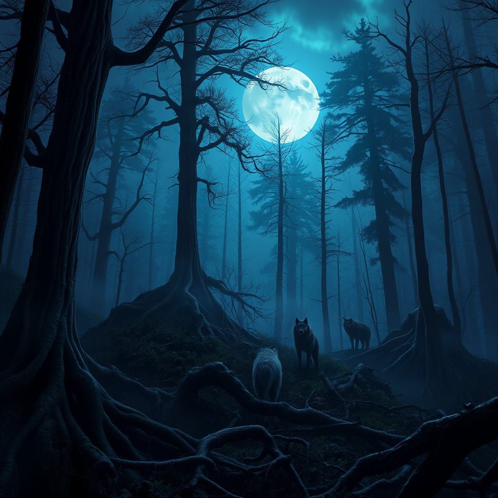 Moonlit Werewolf Forest in Fantasy Concept Art Style