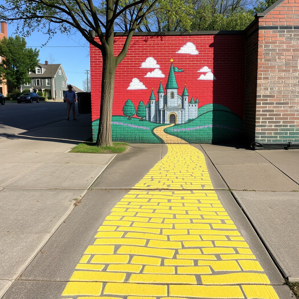 Street art chalk, the Yellow Brick Road on the sidewalk leading to the Emerald City on a brick wall.  by @undefined