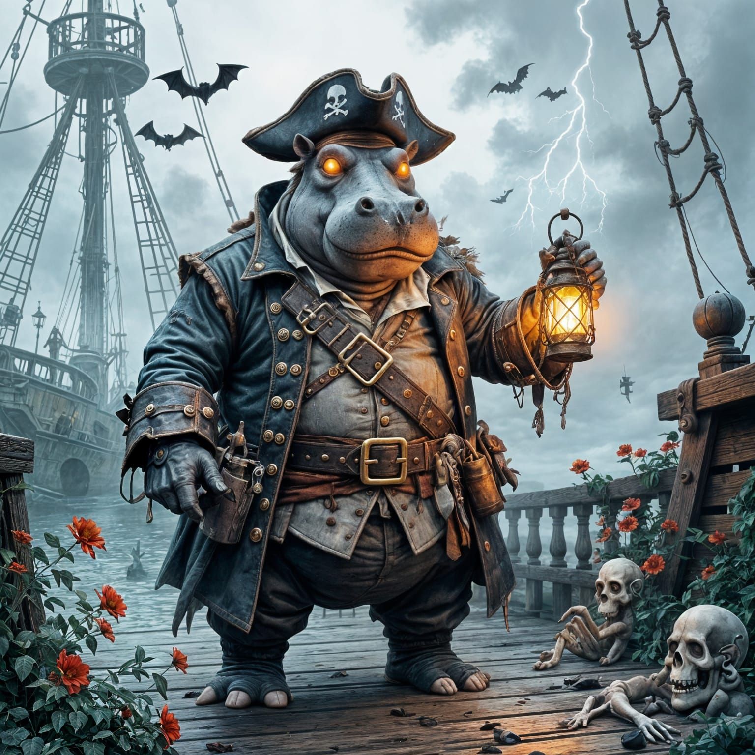 A dark, stylized 2D gothic cartoon of an anthropomorphic pirate hippopotamus standing on the deck of ...  by @Schoor