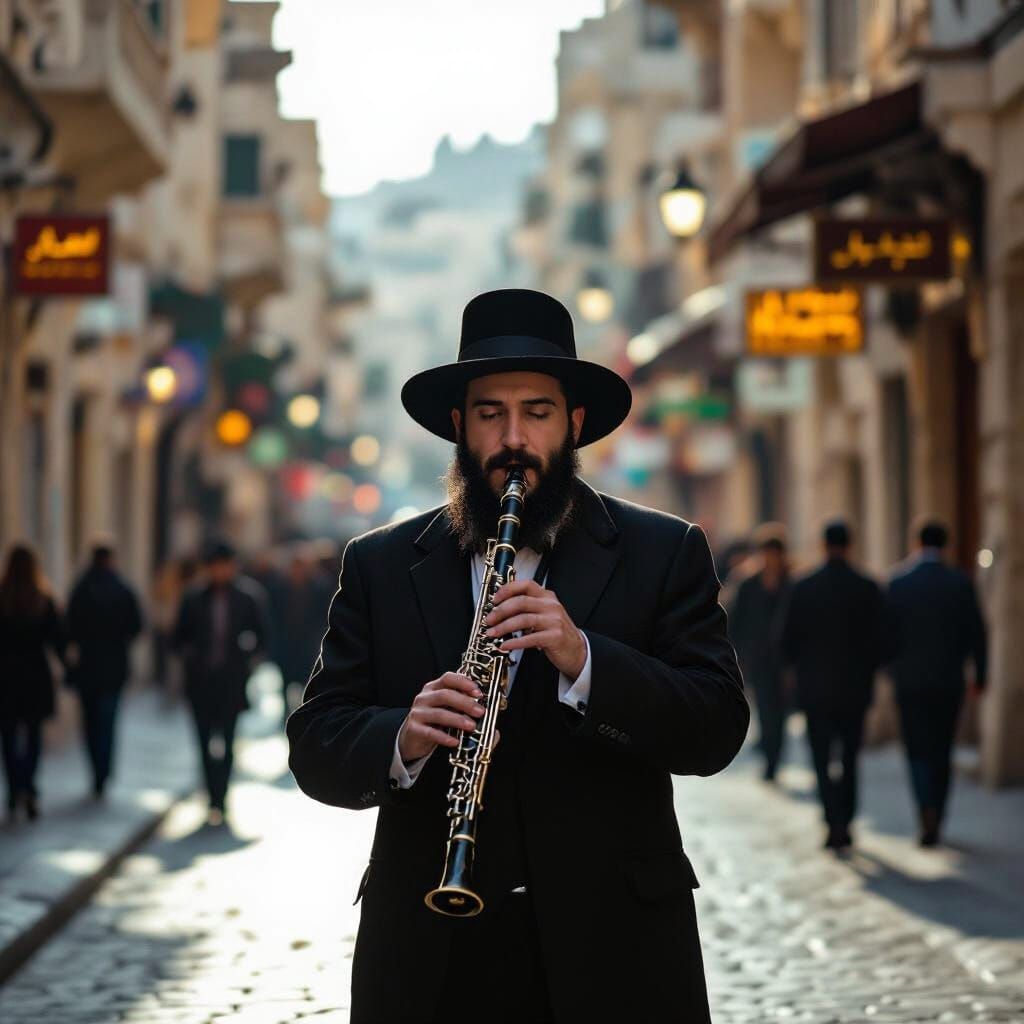 Hasidic Man Plays Clarinet in Jerusalem Streets