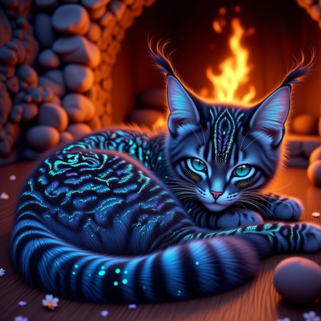 <lora:Pure Fantasy Cats:1.0> Fantasy art style. A magnificent fantasy cat with various colors iridescent metallic light  and runes all over ...