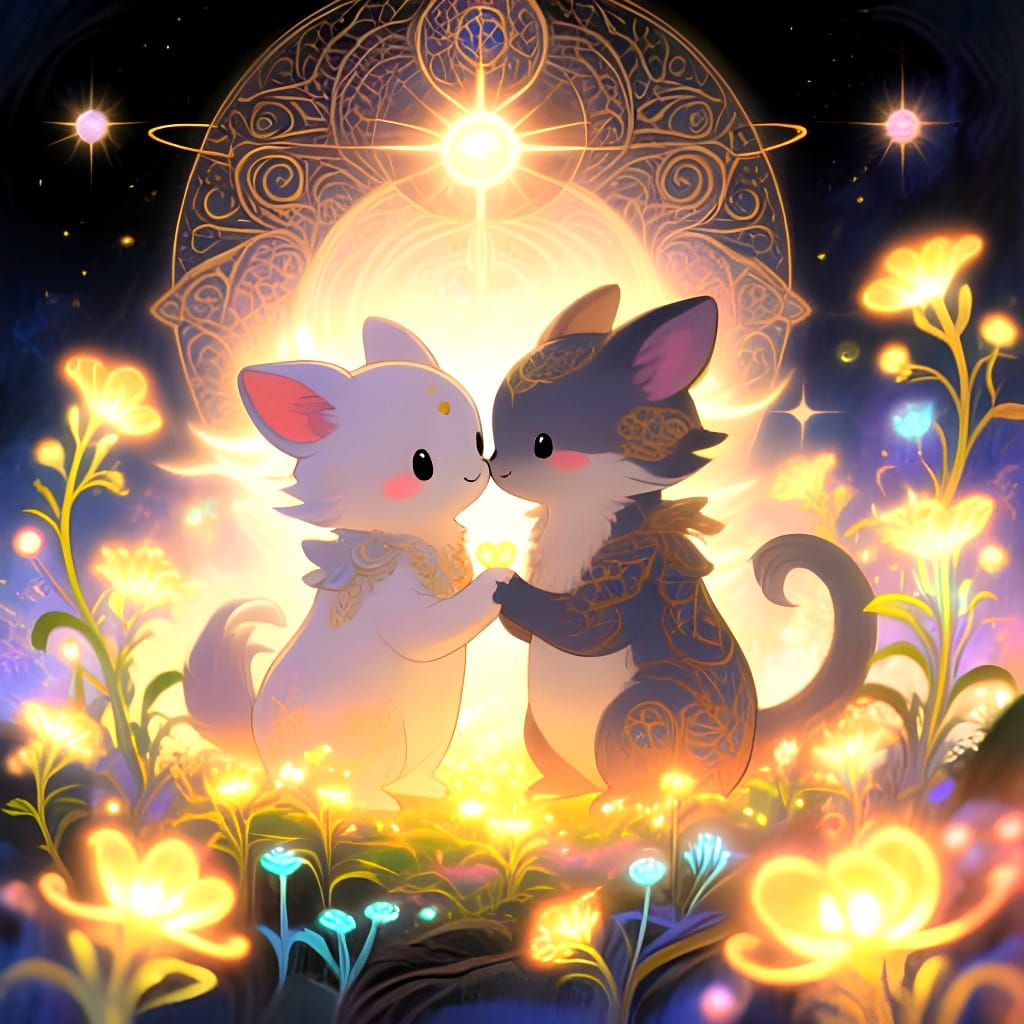 Whimsical. 2 cute creatures in love. magical bioluminescent flora. warm aura. golden moon light. Ethereal, spiritual, supernatural, devine, ...