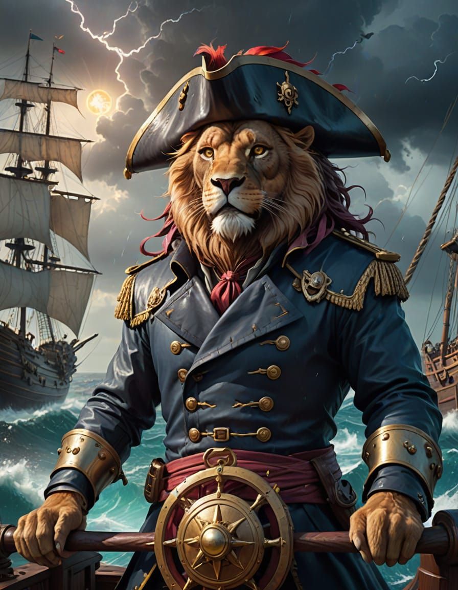 A majestic lion, clad in a pirate captain's coat and tricorn hat, stands proudly at the helm of a galleon ...  by @Kevin Marshall