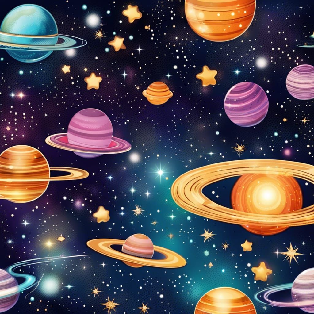 Shiny Glitter Glittery starry space sky with planets, stars,...