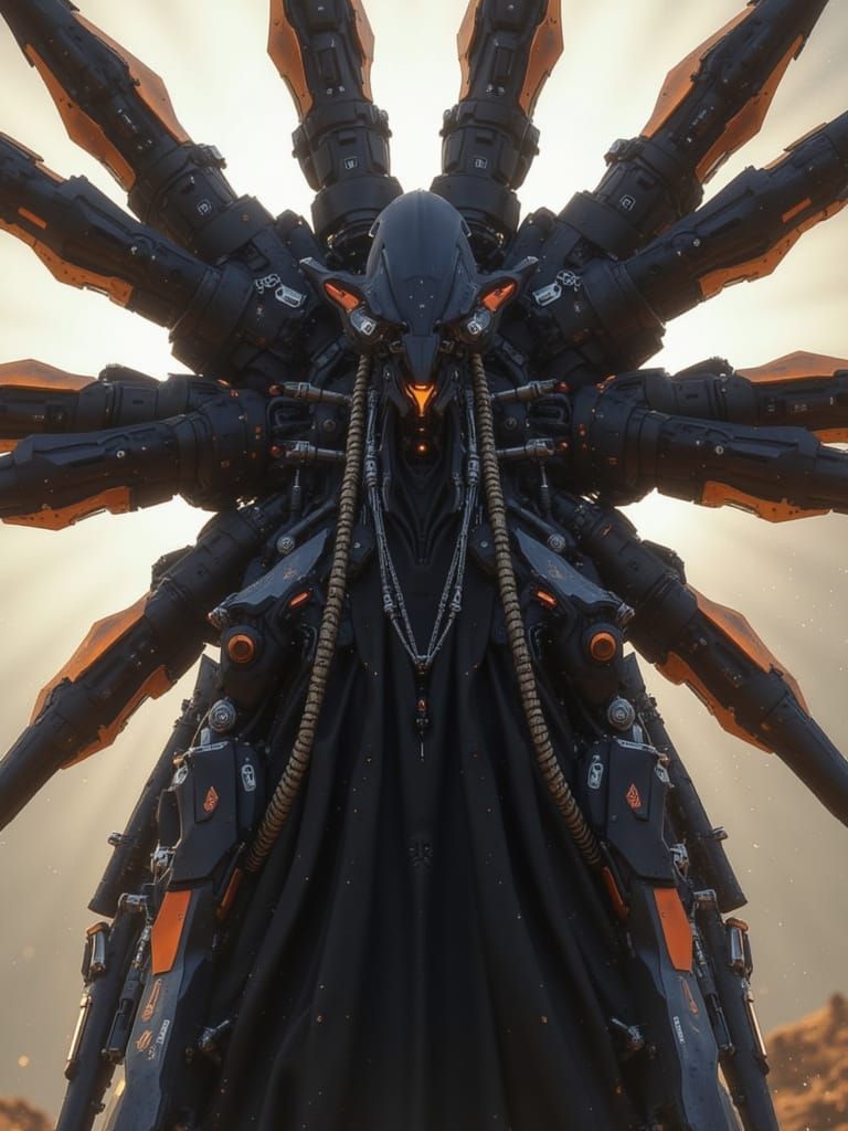 <lora:Predatory Mecha II:1.0> Black and orange, full body heavy mecha, massive halo of blades in the back