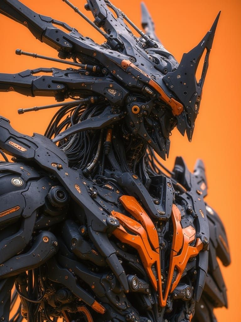 <lora:Predatory Mecha II:1.0> Black and orange, full body heavy mecha, massive halo of blades in the back