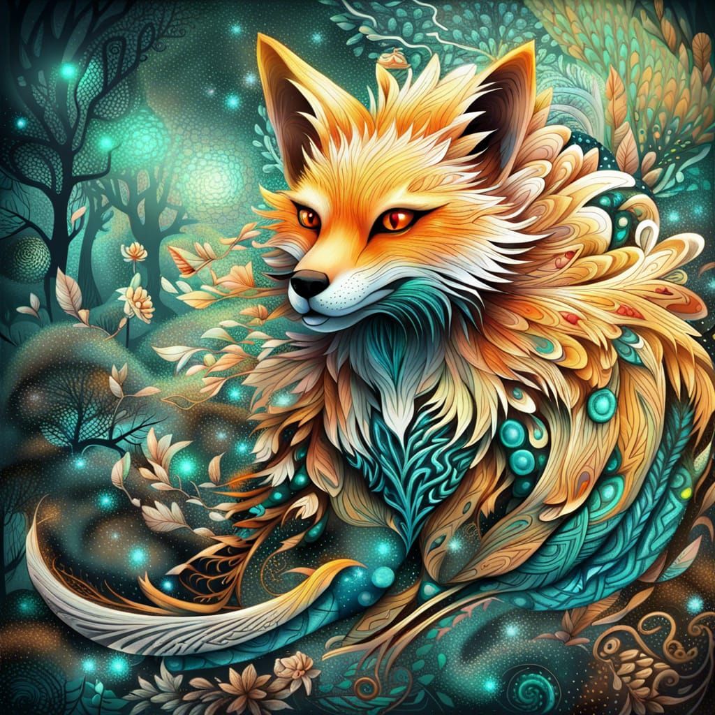 a kitsune in the shimmering forest with multiple tails that ...