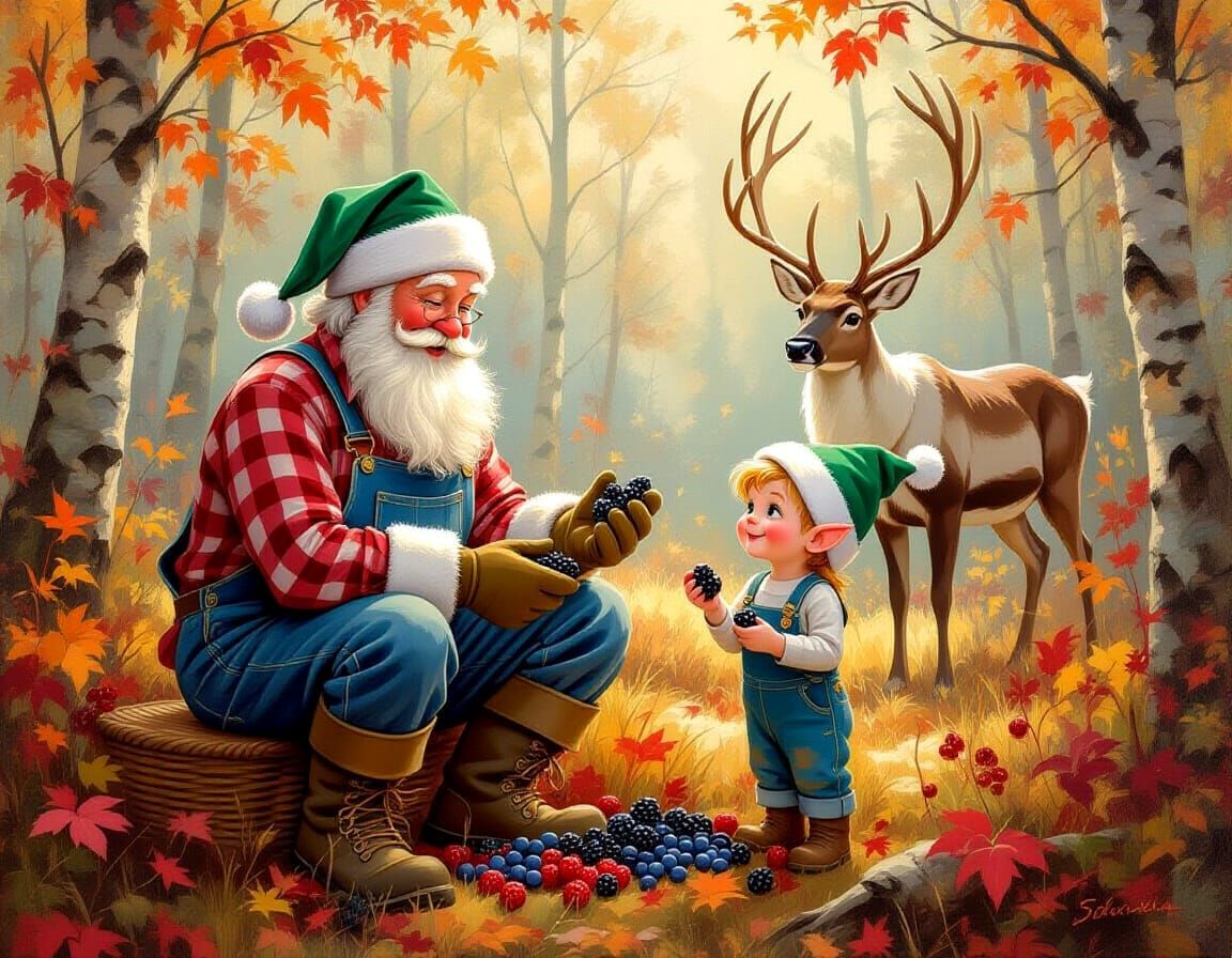 Santa Claus and his elf pick berries in the autumn forest, while a reindeer watches them. Oil painting ...  by @Hugo Raul