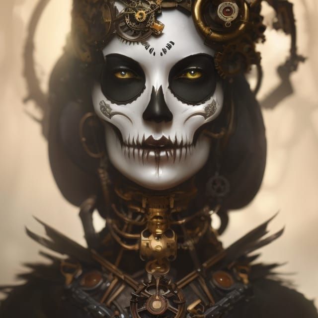 Dark fantasy skeleton, steampunk, hyper detailed gears, head...