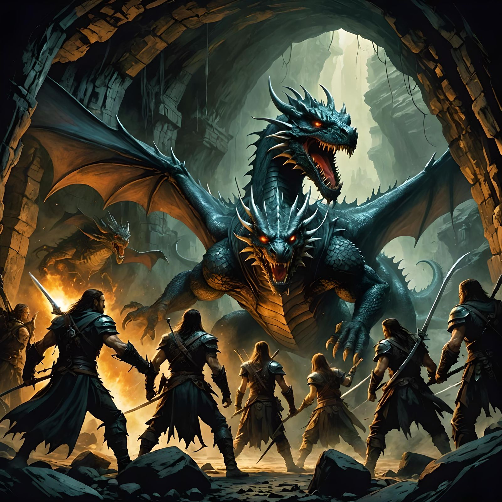 A dynamic fight between a group of adventurers and a dragon in a filthy ...