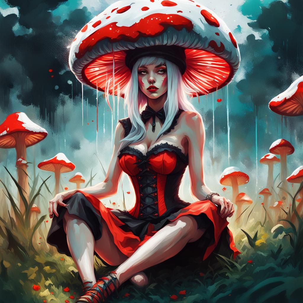 A white haired young woman with a red and white corset wearing a huge  mushroom hat on her head sitting in fresh grass - AI Generated Artwork -  NightCafe Creator