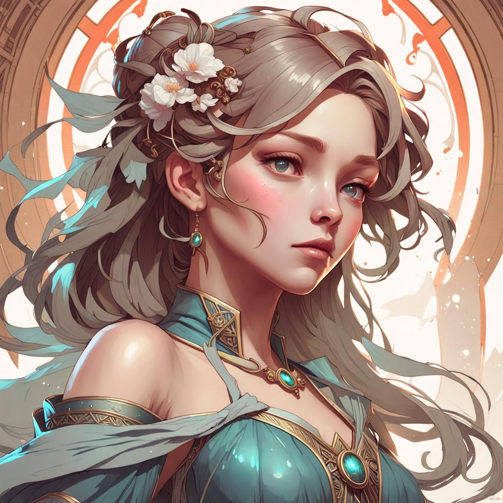 Elegant Woman Playing Guzheng: Art Nouveau Portrait