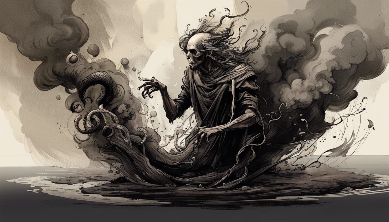 Floating liquid ink ghouls, animal skeletons, holding heads,...