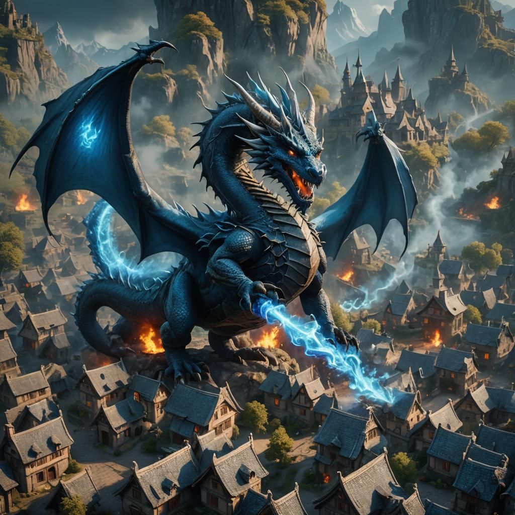 A dragon breathing blue fire on a village