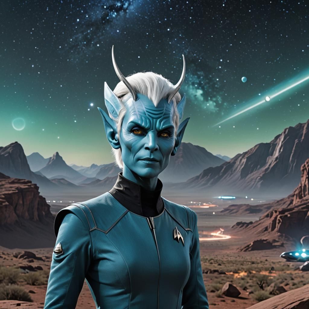 an Andorian from the Star Trek universe. The Andorian is standing tall ...