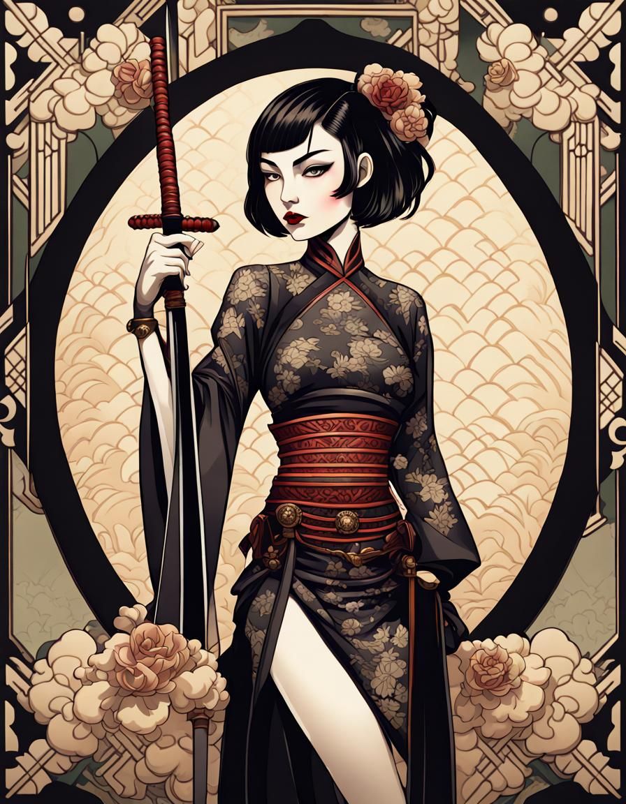 An ornate art deco gothic full body shot of a cute pin-up be...