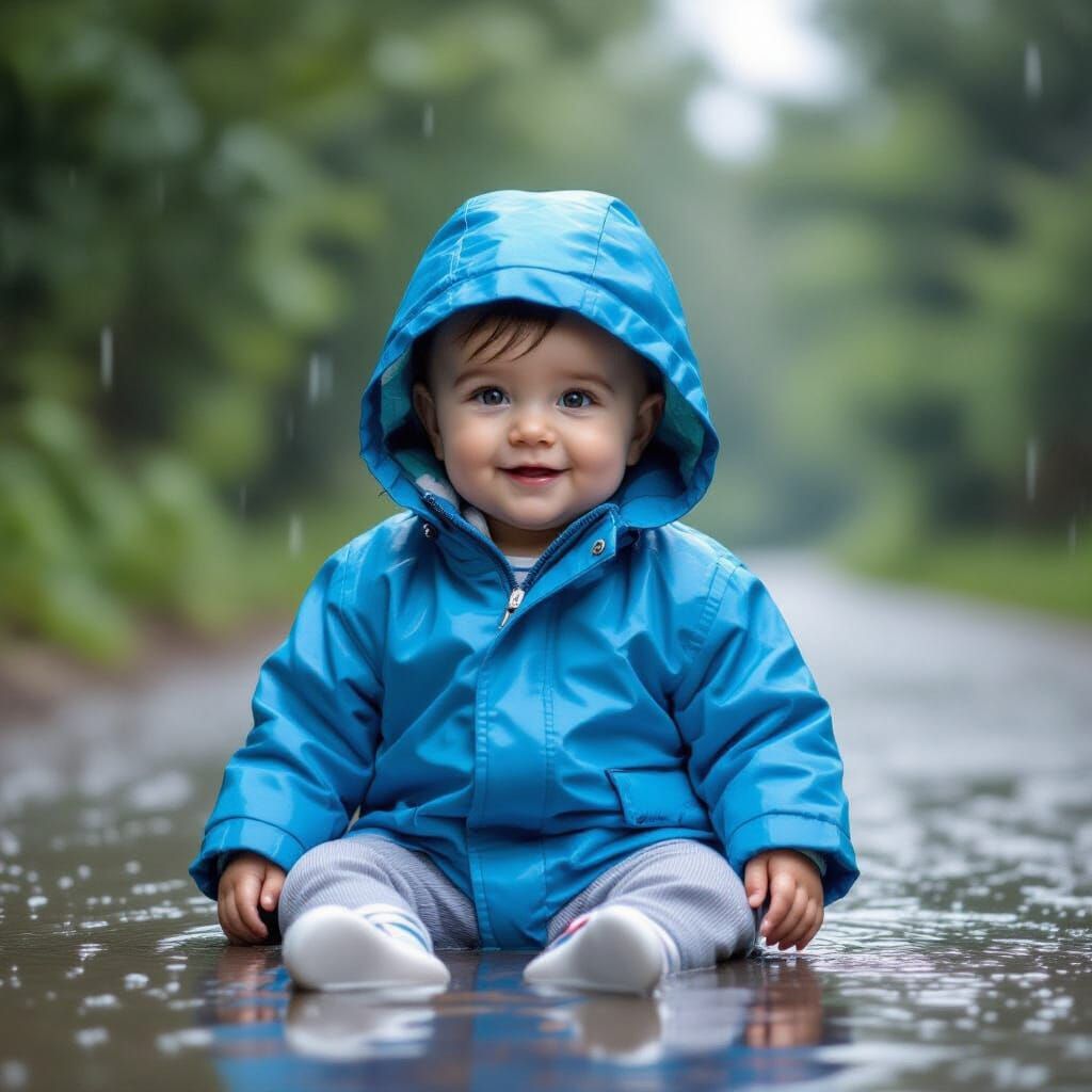 Cute Baby Joyfully Playing in the Rain