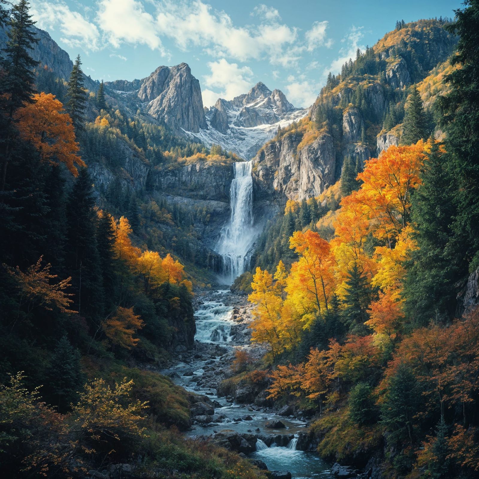 magnificent painting of a mountain waterfall, pristine landscape, lush greenery, autumn foliage, autumn ...  by @SirEdmund