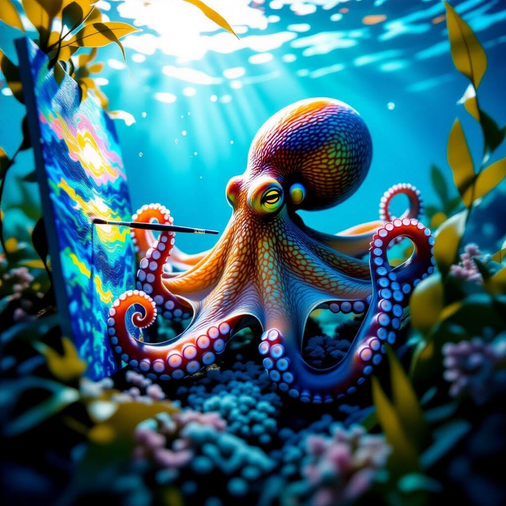 Octopus Artist Paints Bioluminescent Seascape Underwater