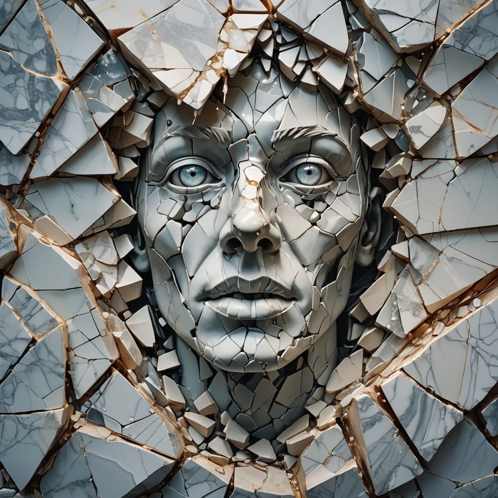 A surrealist close-up of a fragmented marble face. The face is cracked and jagged, resembling broken ...  by @Ycw