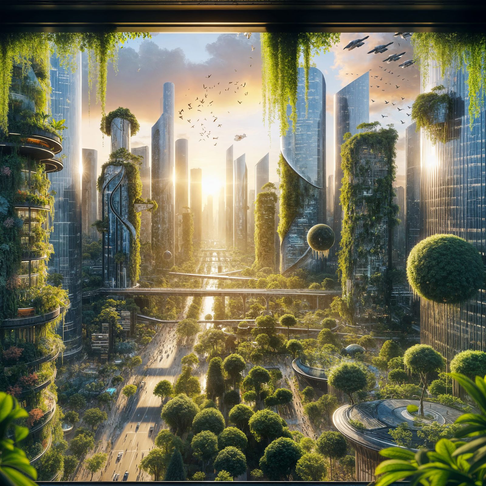 A realistic futuristic cityscape seen through a large window...