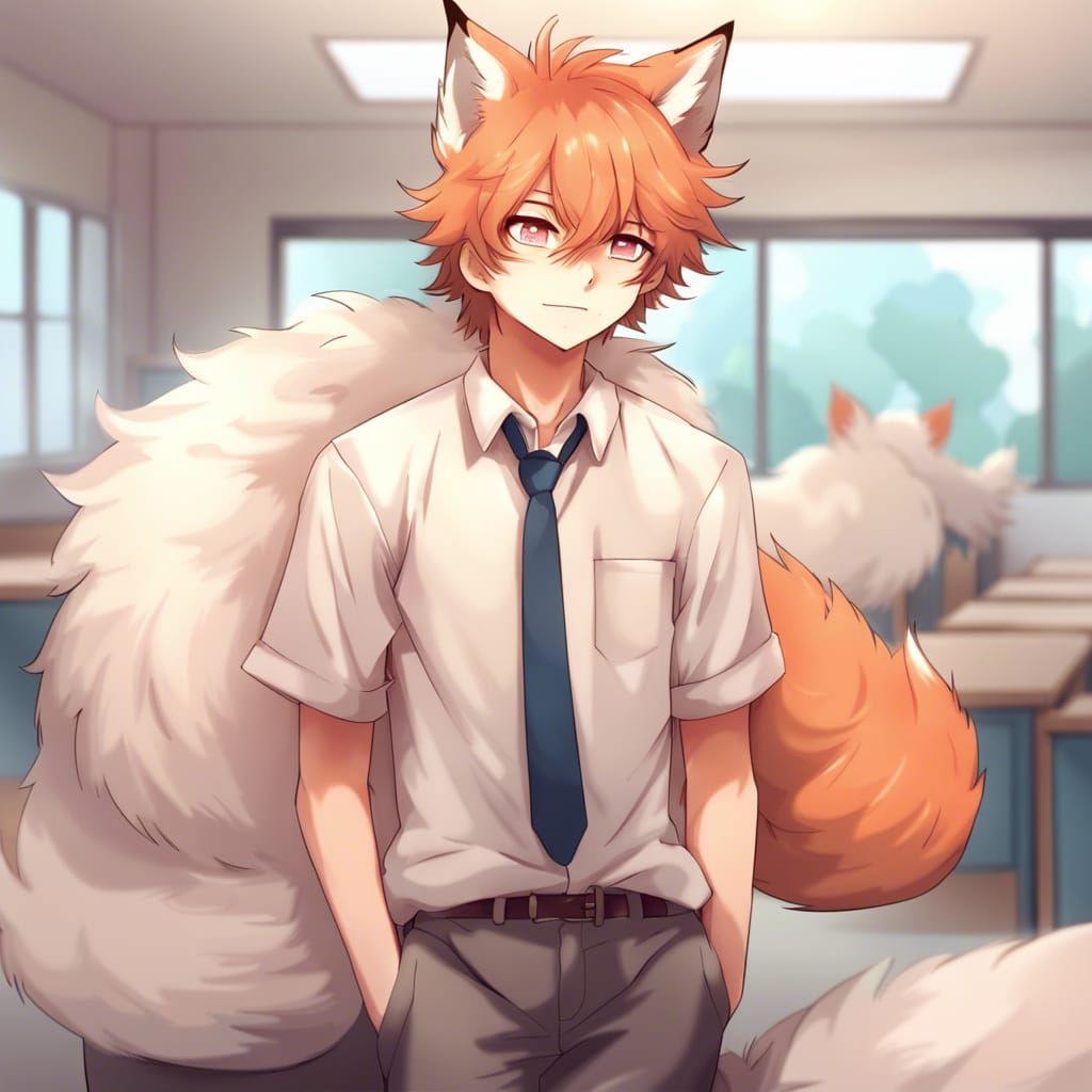 Portrait cute adorable fluffy fox boy at school with fluffy ...