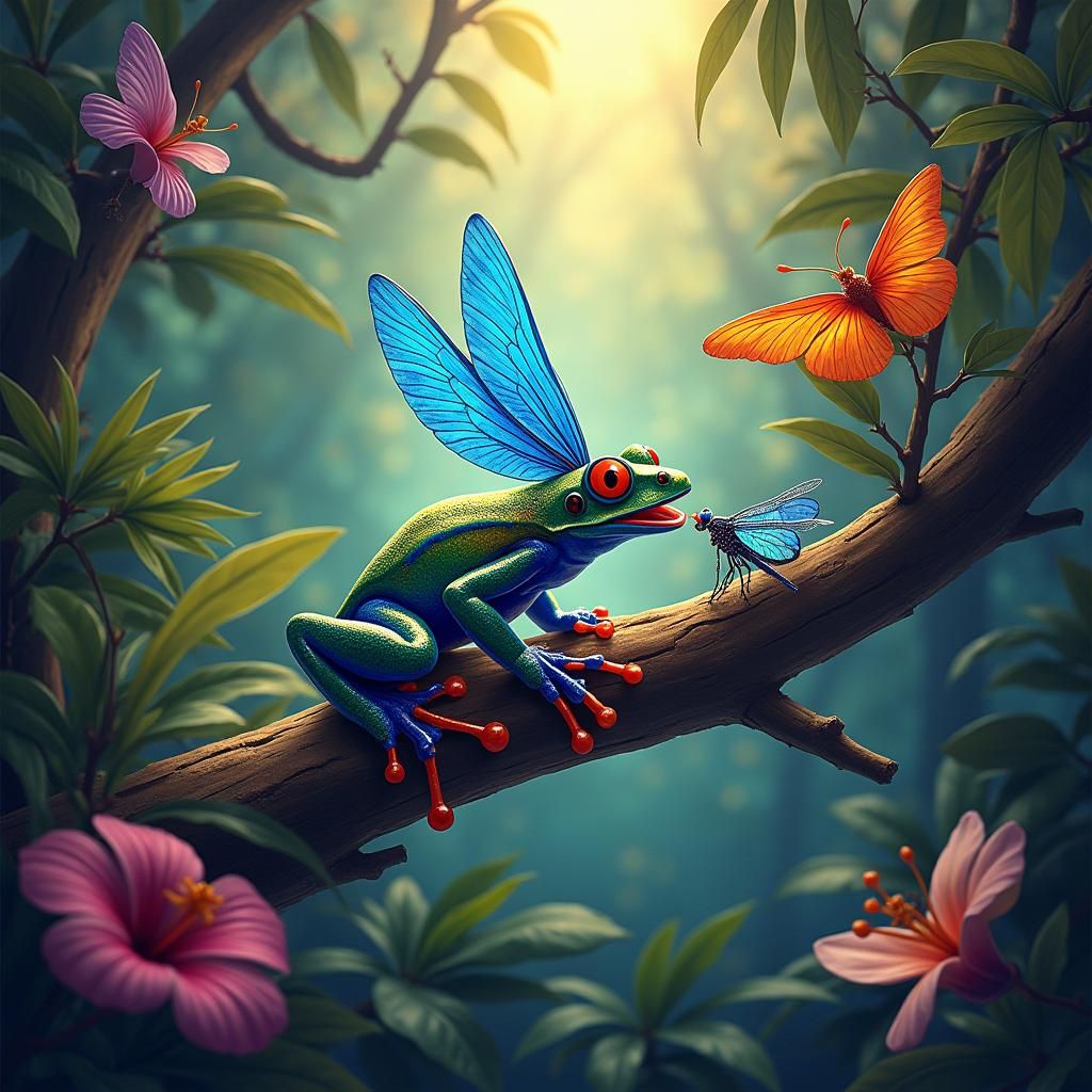 A poison dart frog eating an insect in the rainforest on a sunny day.