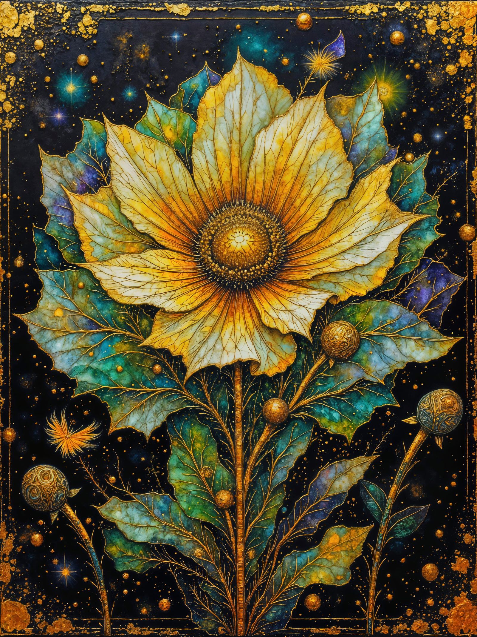 <lora:Painterly Magic:1.0> Burnished gold, alcohol ink, watercolour, black canvas <lora:Ancient Gold:1.0> ...  by @g r r c