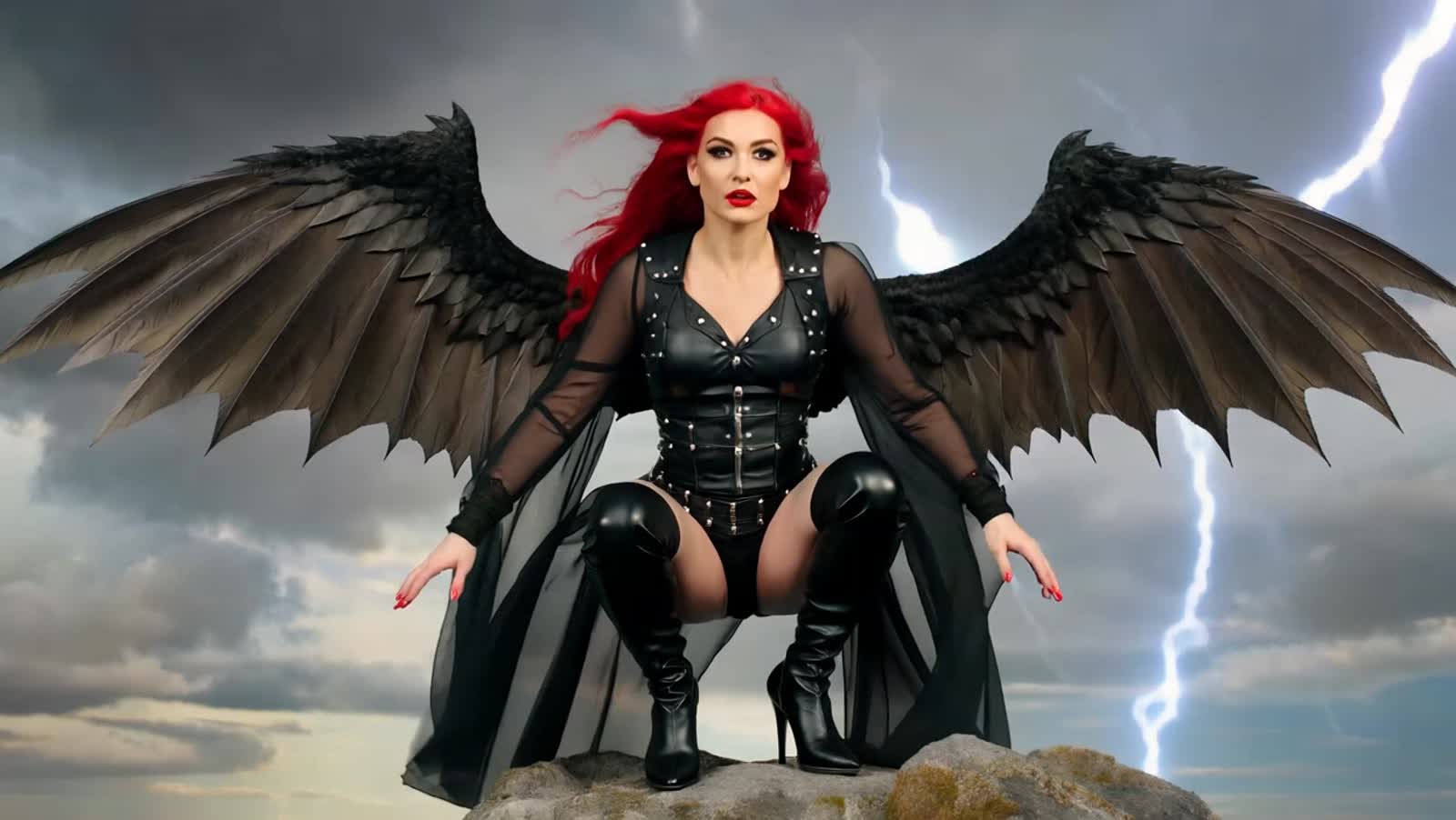 a beautiful female goddess,long flowing red hair blowing in the wind,large outstretched wings,black eyeshadow red lipsti...