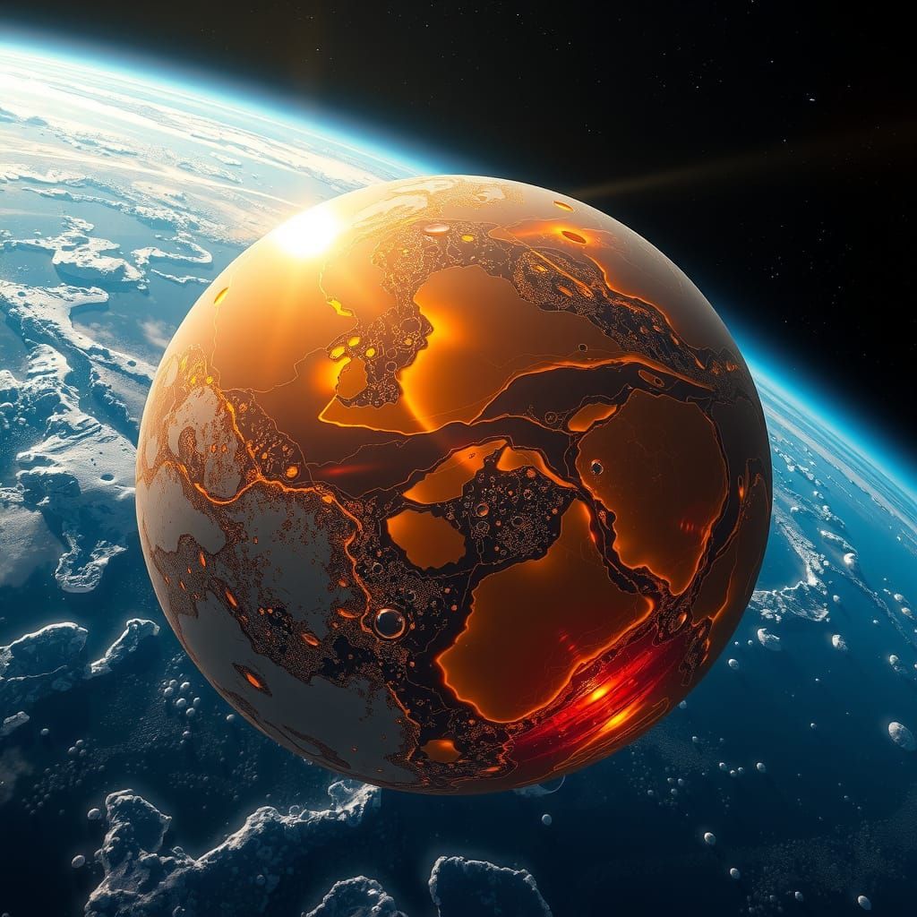 A view from space of the PLANET OF LIQUIDS. The continents of the planet are made of frozen, dark amber honey, pierced by rivers of liquid g... - Start Image 2