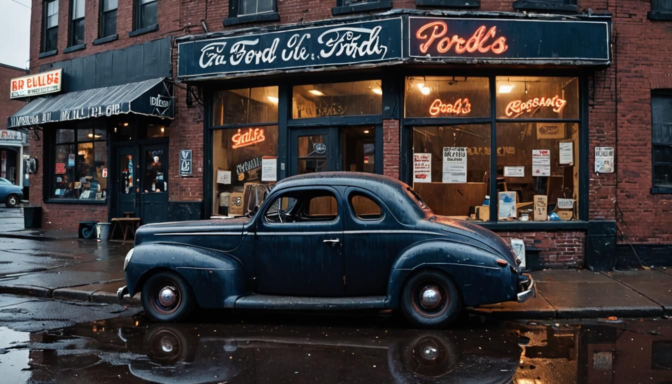 A twilight view of a very rusty dark blue old 1940 Ford Coupe with a flat tire parked in front of run down shops on Desolation Row. Dusty in...
