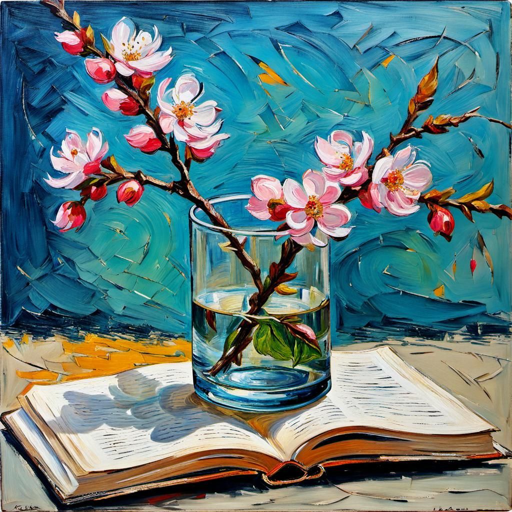 Flowering almond branch in a glass with a book  by @Gokiburi