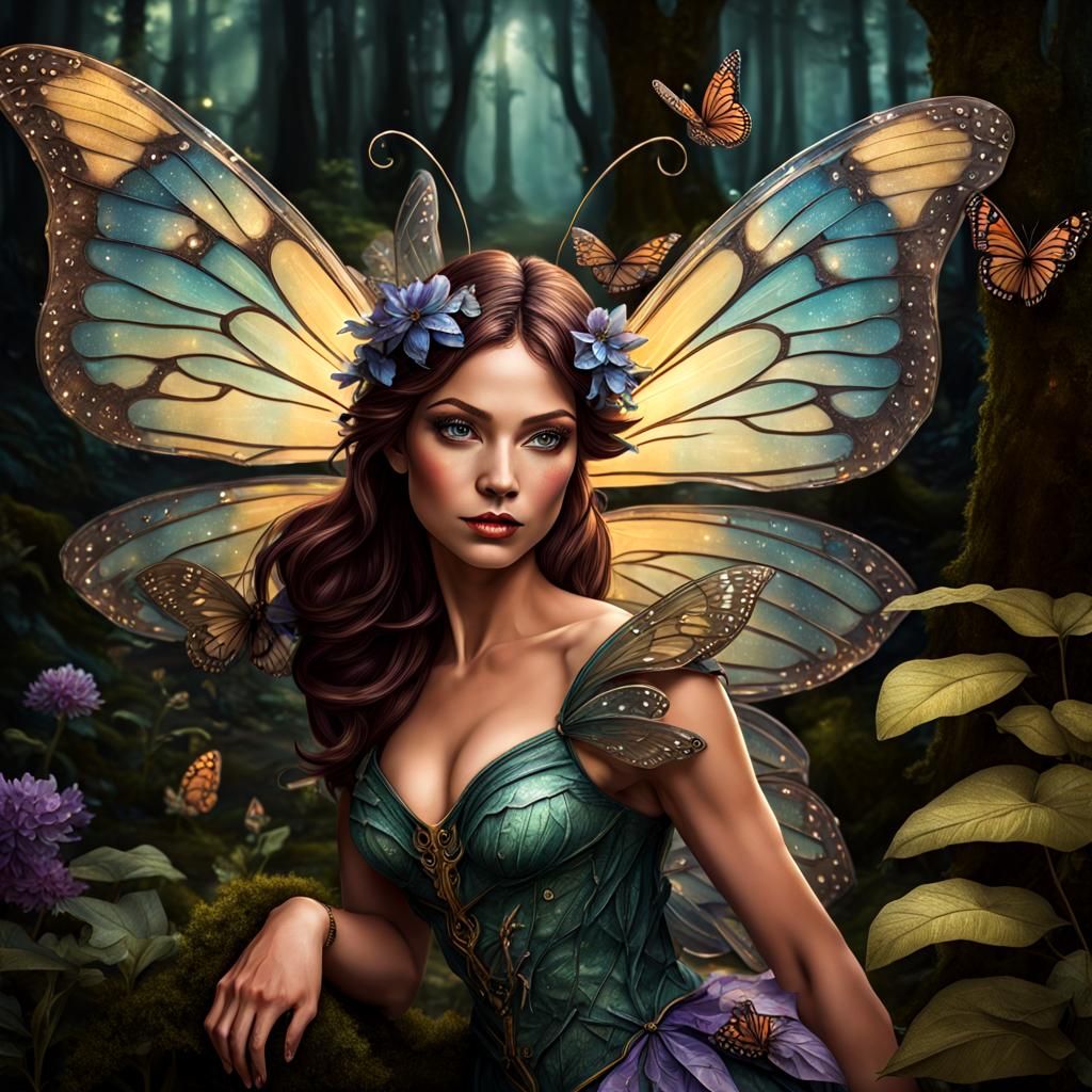 Clothed Winged Butterfly fairy in a butterfly enchanted fore...