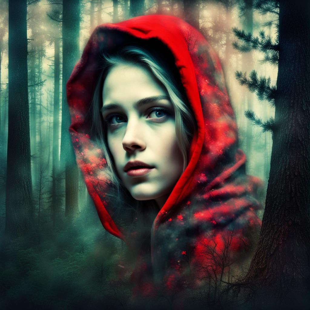 Forest+Little Red riding hood+twilight, moody, double exposure splash ...