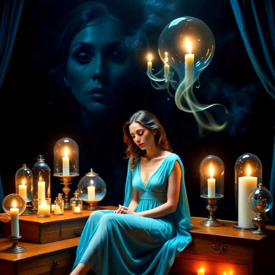 Ethereal Lady Surrounded by Spirits and Shadows