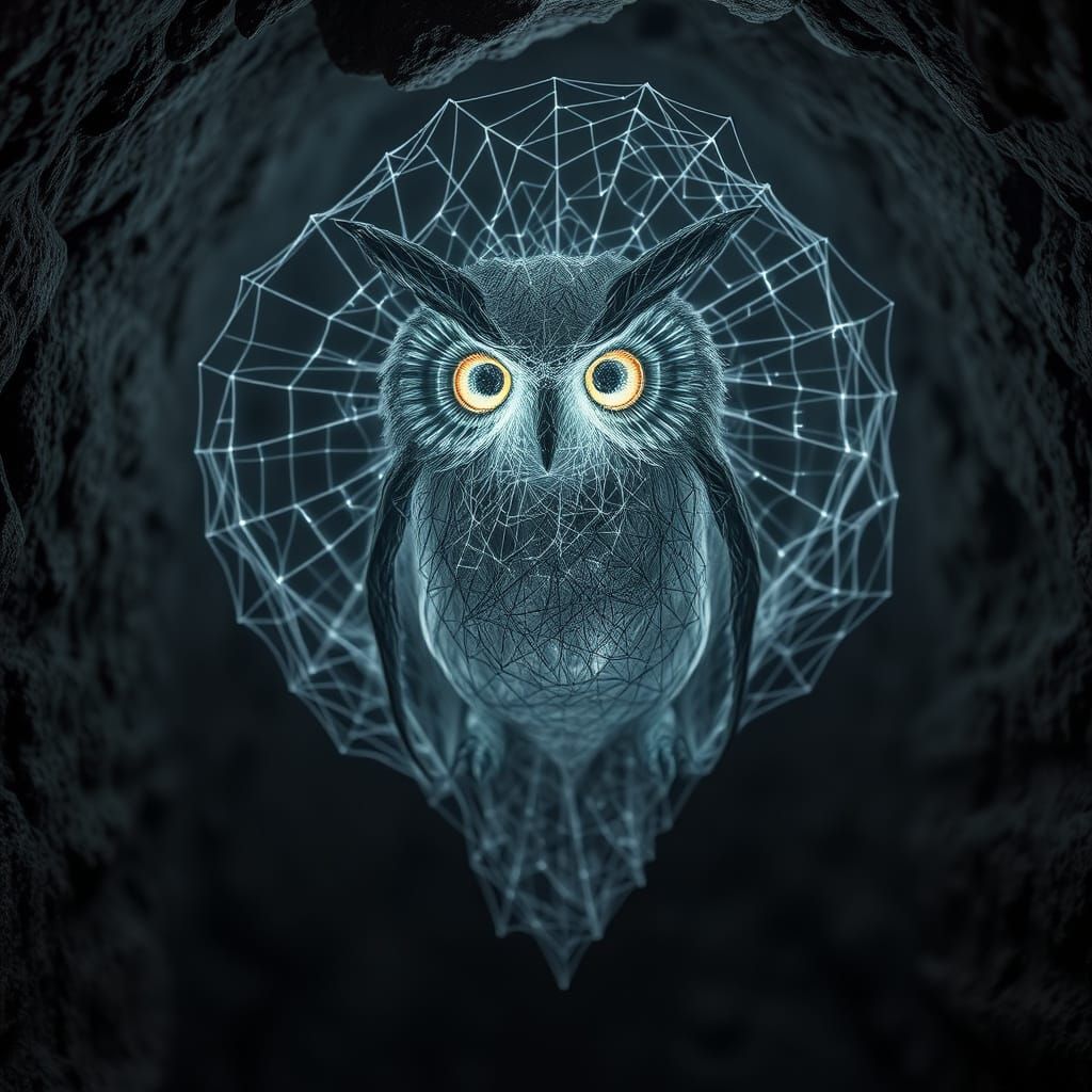 Ethereal Spiderweb Owl in Dark Cave
