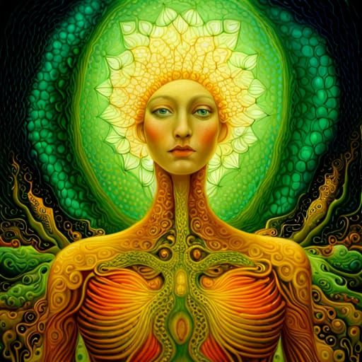 beautiful surreal divine woman from mycelium network in warp...