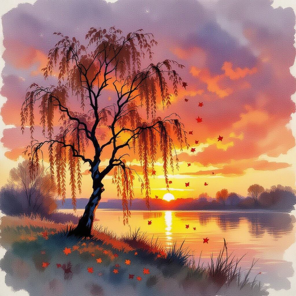Autumn Willow Tree Sunset Watercolor Painting