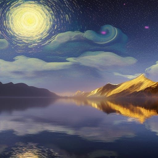 Starry night, visible stars, soft light, lake