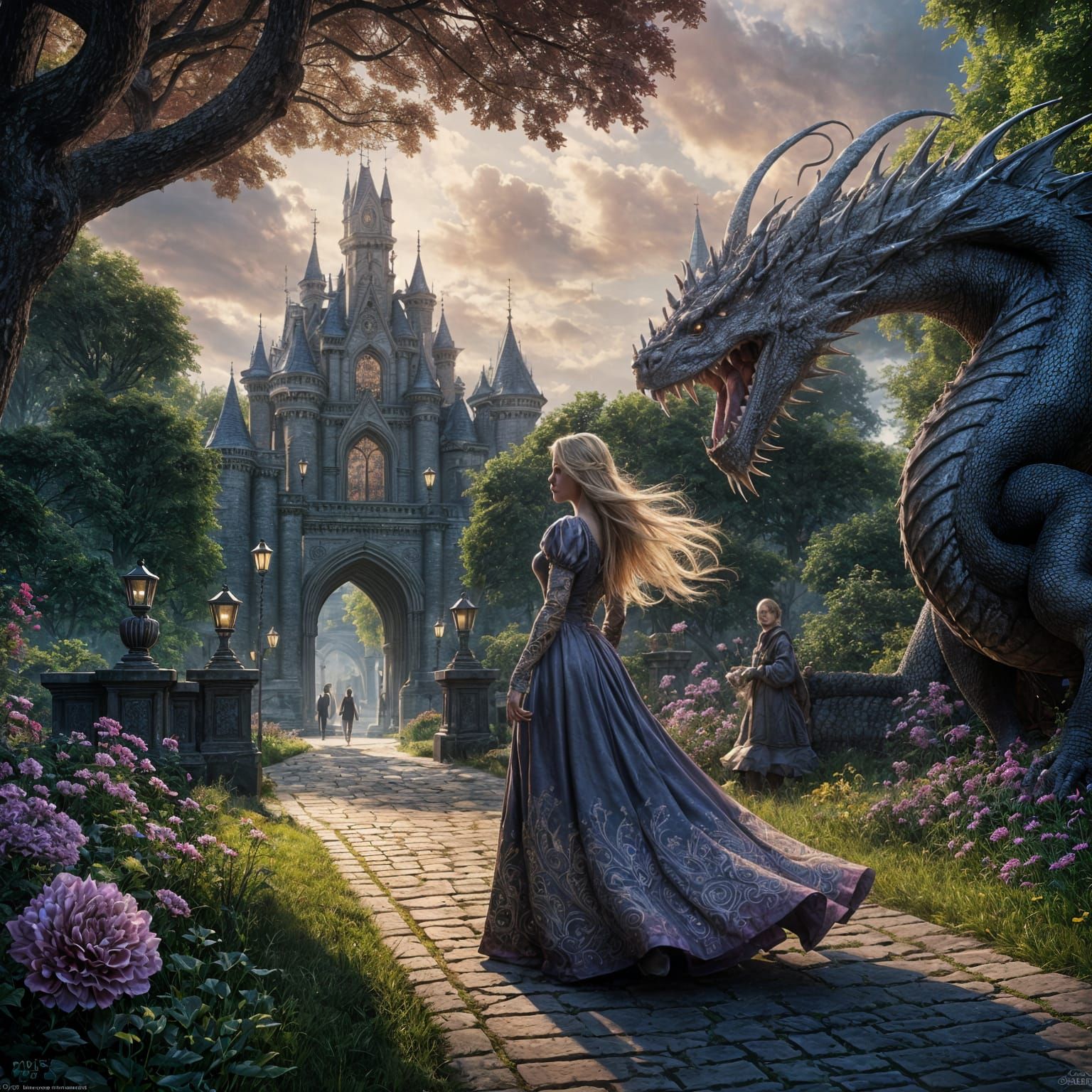 Princess with blonde long hair,brocard dress,walking in a pa...