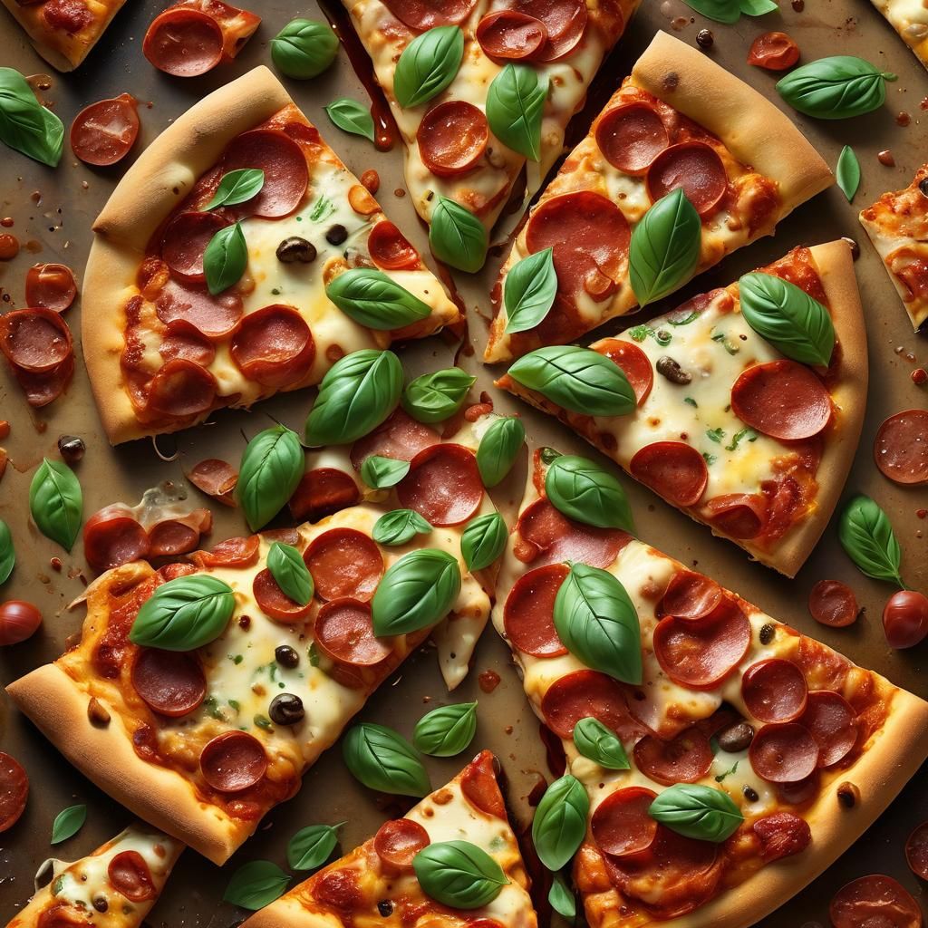 Close-up of a delicious pizza, with melted cheese, pepperoni, and fresh basil on a crispy golden crust