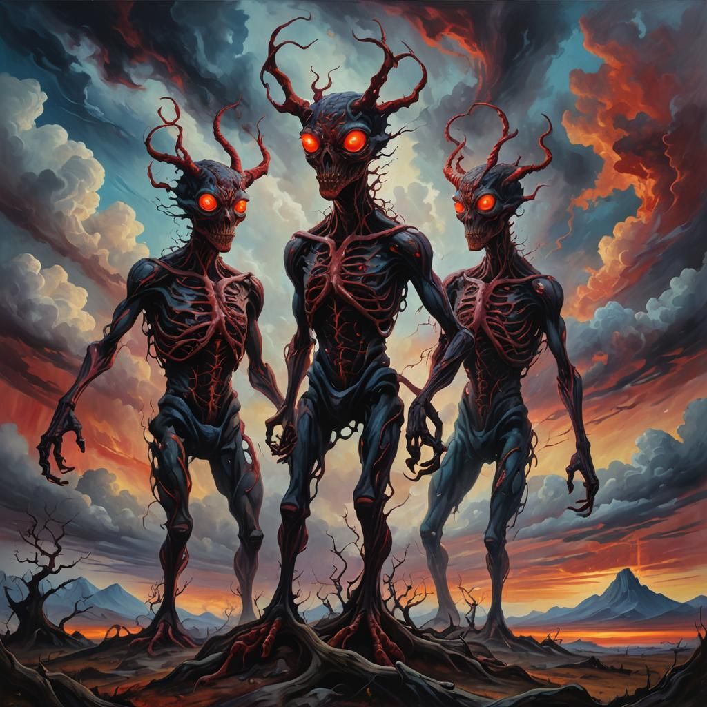 Menacing Two-Headed Creatures in Surreal Oil Painting