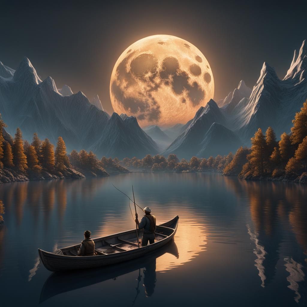 Fisherman in a row boat on a lake in the mountains with a supermoon in the sky behind him  by @DustyLoft