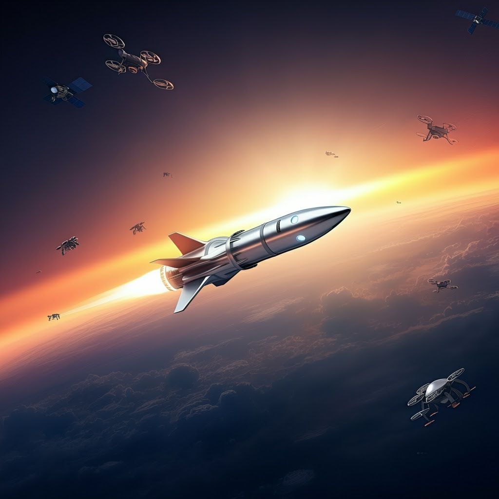 Futuristic Rocket Ship Soaring at Sunrise