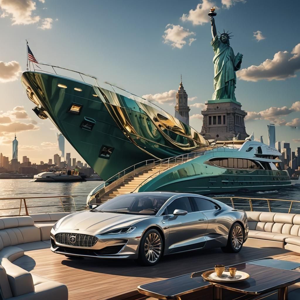 Luxury Car on Yacht with Statue of Liberty