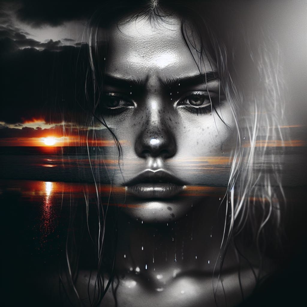 Double Exposure Portrait of Resilient Woman in Sunset