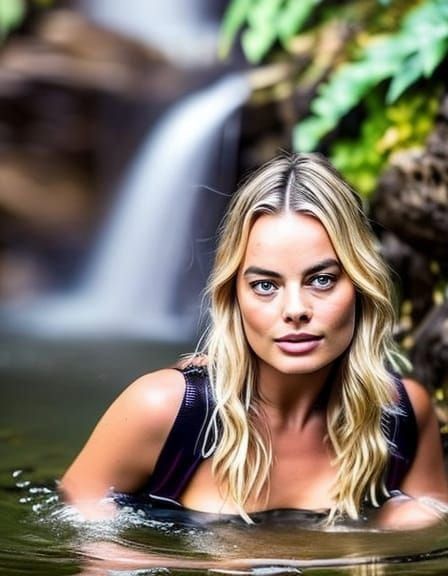 Margot Robbie Bathing in a Waterfall 