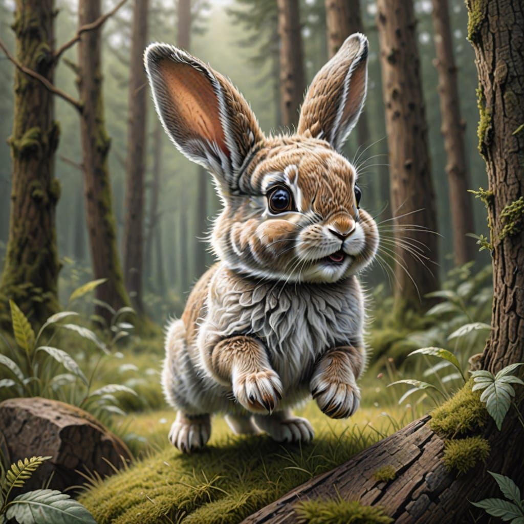 Detailed cute happy excited jumping tiny baby rabbit 1/3 angle pencil sketch with piercing colored soulful gentle eyes and intricate fluffy ...