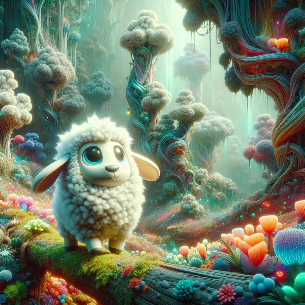 Make  an adorable 3D cartoon  sheep  in a fantasy forest, su...